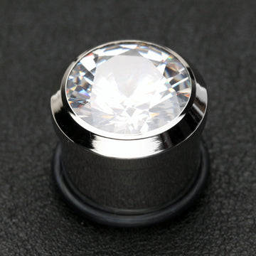 Detail View 1 of A Pair of Magnum CZ Press Fit Single Flared Ear Gauge Plug-Clear Gem